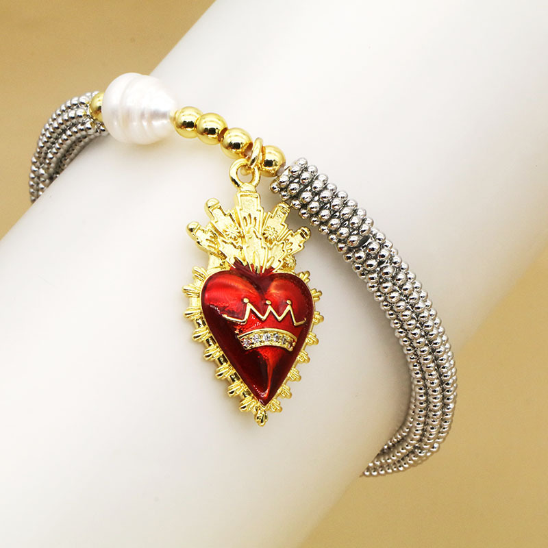 Copper Material Vintage Style Classic Style Heart Shape Crown Copper Chain-free Beaded Bracelets Wholesale