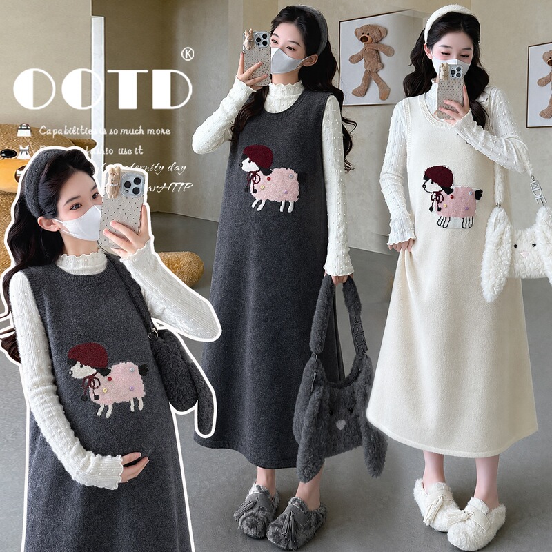 Real shot of the autumn and winter cute lamb patch maternity knitted vest dress set, loose-fitting and belly-covering pregnancy base shirt Real shot of the autumn and winter cute lamb patch maternity knitted vest dress set, loose-fitting and belly-covering pregnancy base shirt