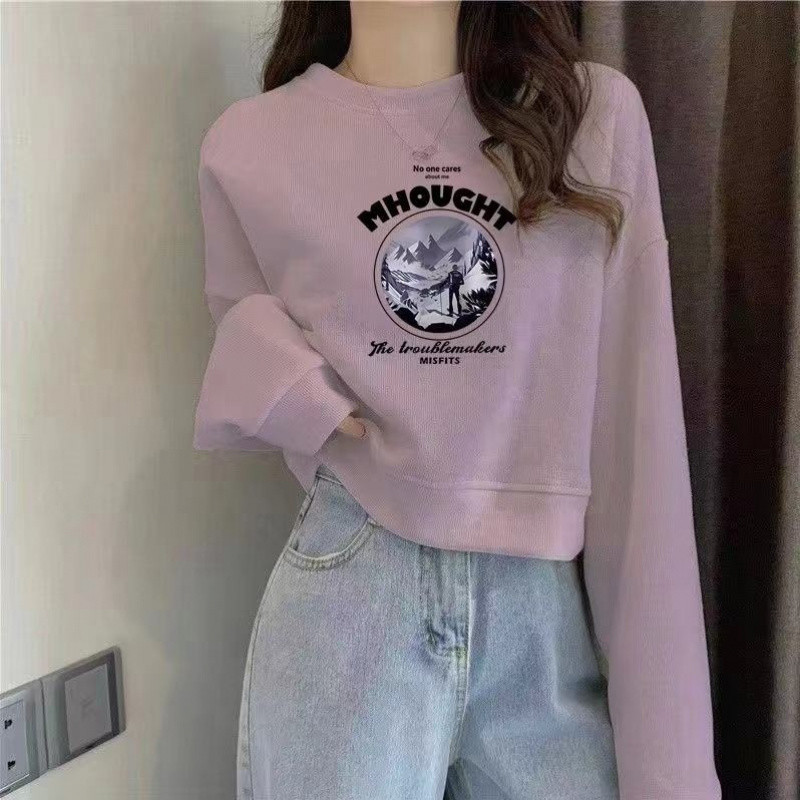 (2개) 크루 넥 풀오버 짧은 스웨트 셔츠 여성의 2025 가을과 겨울 긴 소매 탑 높은 허리 슬리밍 작은 봄과 가을 얇은