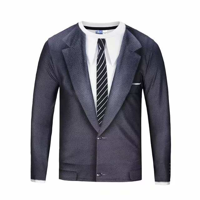 Spring and Autumn Thin Annual Meeting Funny 3D Printing Formal Suit Tie Personality Printing Men's Long Sleeve T-Shirt Top