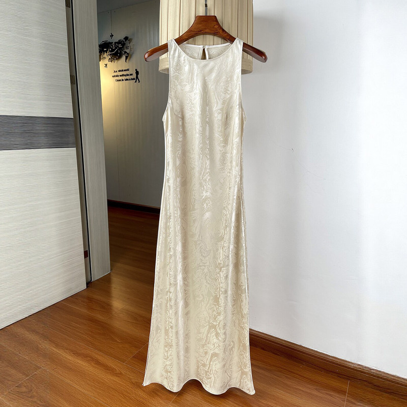Acetate Satin Jacquard Dress for Women, Summer Drapey Style with Side Slit, Waist-Cinching, Slimming, Sleeveless Tank Dress, Long Style