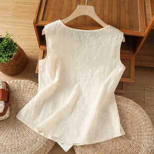 Real Shot of New Chinese Style Cotton Embroidery Comfortable and Simple Vest Beige Embroidered Shirt Sleeveless Top for Women