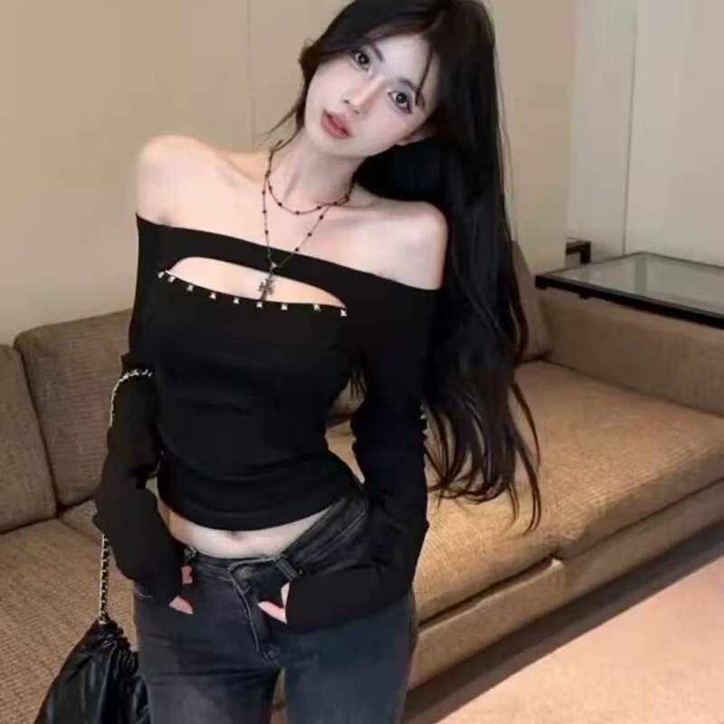Customizable 1*1 260g Pure Desire Slim Fit Off-Shoulder Hollow Out Black Long Sleeve T-Shirt for Women, New Autumn/Winter Style Customizable 1*1 260g Pure Desire Slim Fit Off-Shoulder Hollow Out Black Long Sleeve T-Shirt for Women, New Autumn/Winter Style
