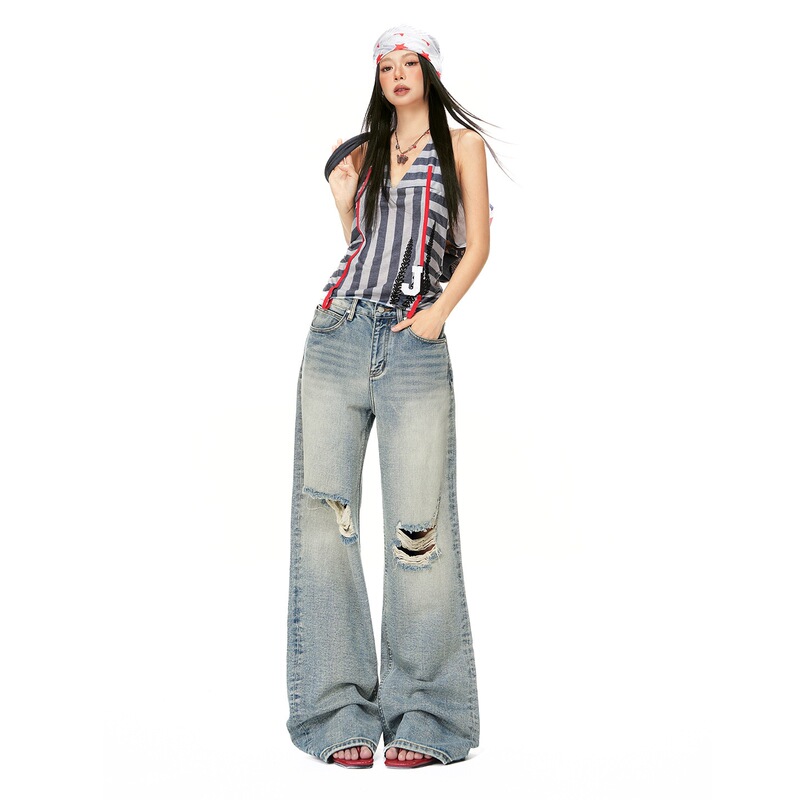 2026 Summer New Trendy Ripped Distressed Washed-Out Straight-Leg Casual Jeans Support Dropshipping