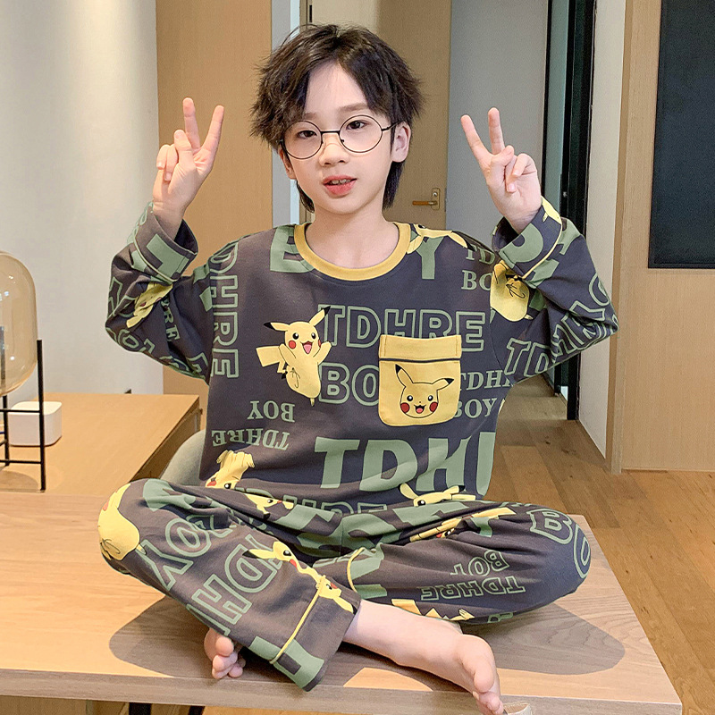 어린이 잠옷 십대 소년 순면 봄과 가을 큰 소년 집 옷 봄 2024 새로운 긴 소매 세트