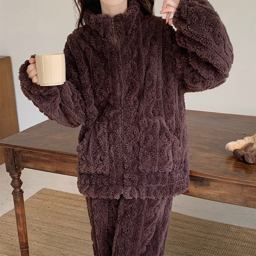 Pajamas women's winter coral velvet, thick velvet, velvet zipper, autumn and winter flannel can be worn outside, winter home wear set