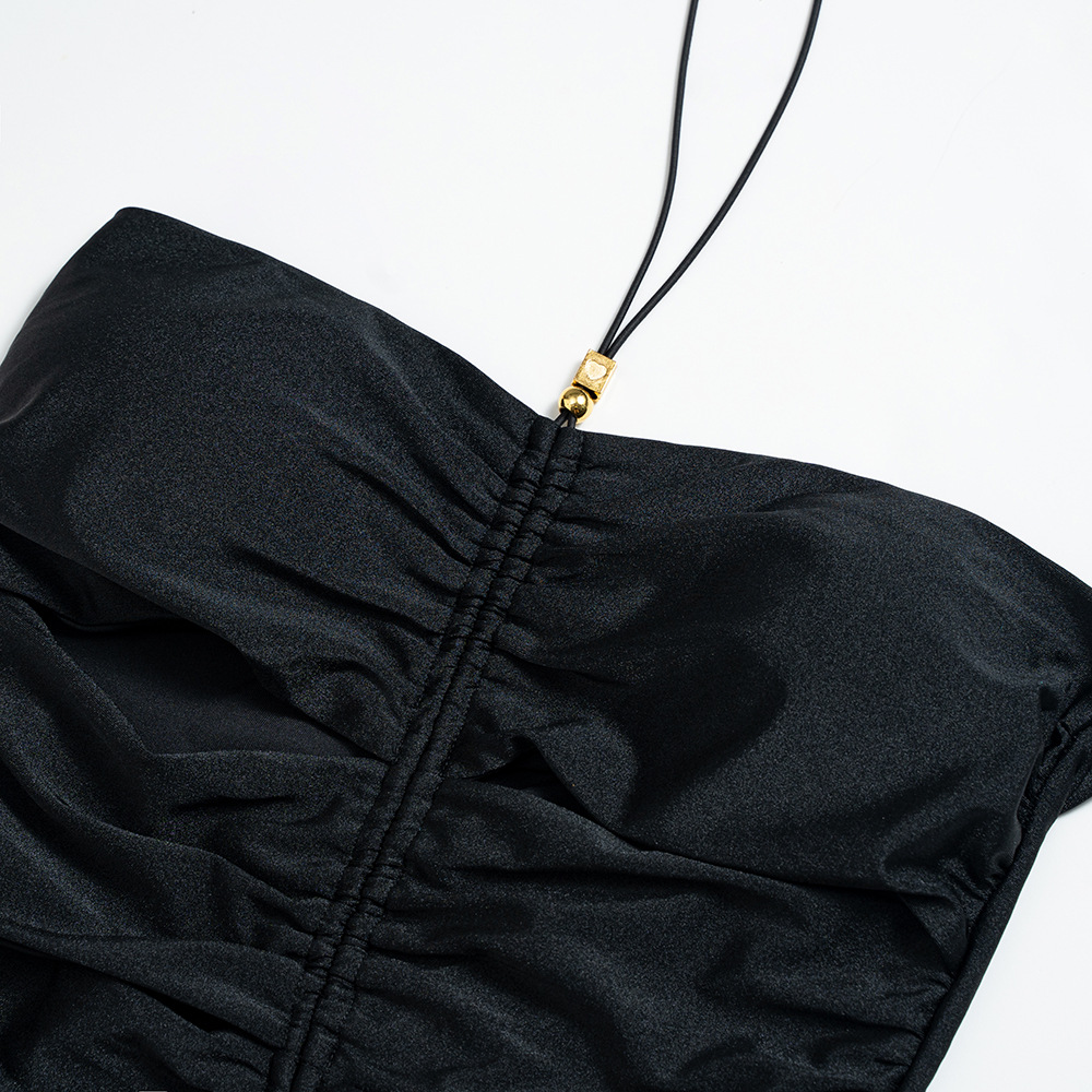 Solid Color Pleated One-piece Swimsuit Women's Lace-up Tight