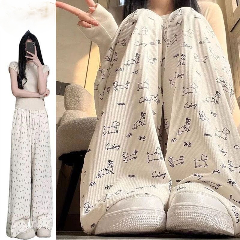 Summer Ice Silk Thin Floral Cute Dog Wide-Leg Pants for Women High-Waisted Loose Versatile Petite Casual Straight Pants Summer Ice Silk Thin Floral Cute Dog Wide-Leg Pants for Women High-Waisted Loose Versatile Petite Casual Straight Pants