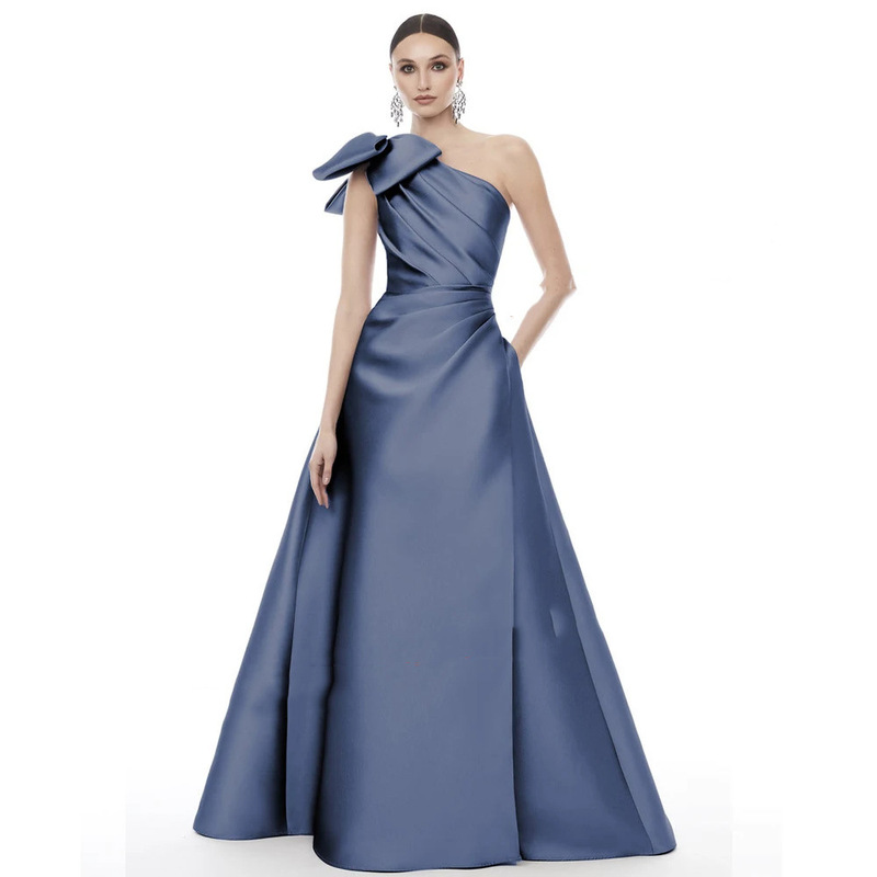 Strapless Evening Dress Bow light blue Satin Birthday PARTY Event Performance Wedding Long Cross-border Supply