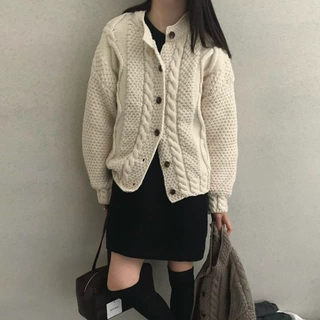慵懒风复古麻花纹针织开衫女秋冬圆领纽扣松弛高级感粗线毛衣外套