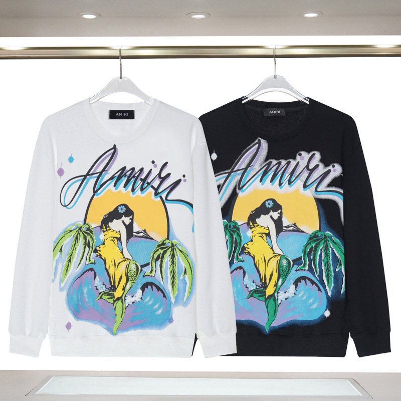 Cross-border European and American fashion brand AMIRI mermaid printed round neck Terry sweater men