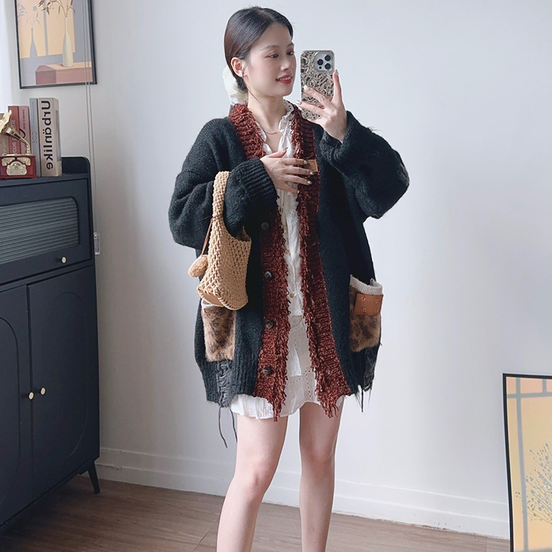 欧洲站撞色宽松慵懒风毛衣外套女秋冬新款破洞设计感小众针织开衫|undefined