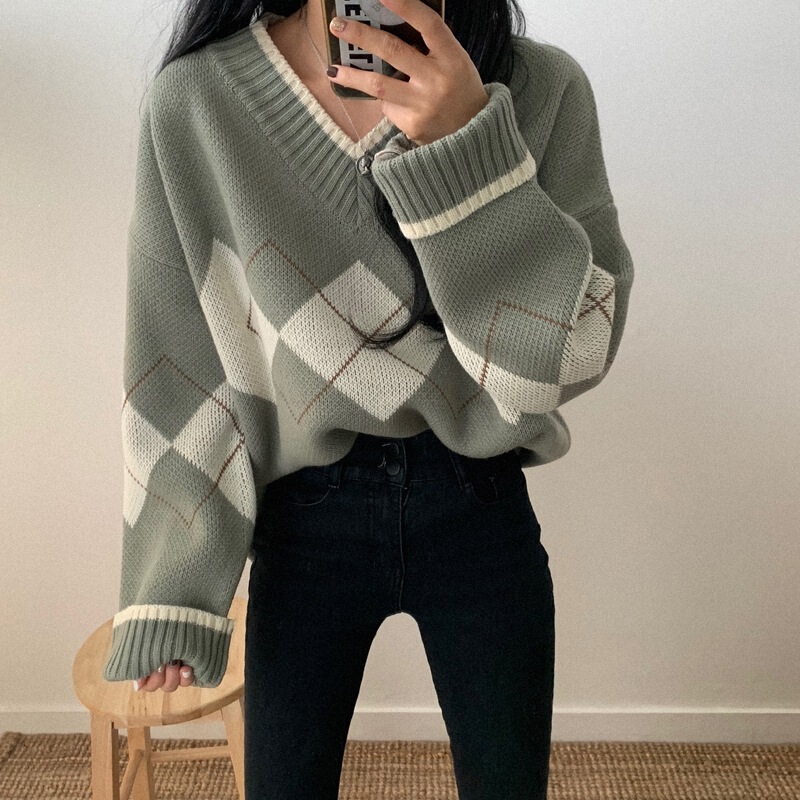 Cross-border Korean-style chic college-style V-neck Fair Isle loose-fit diamond-pattern color-block sweater for autumn and winter Cross-border Korean-style chic college-style V-neck Fair Isle loose-fit diamond-pattern color-block sweater for autumn and winter
