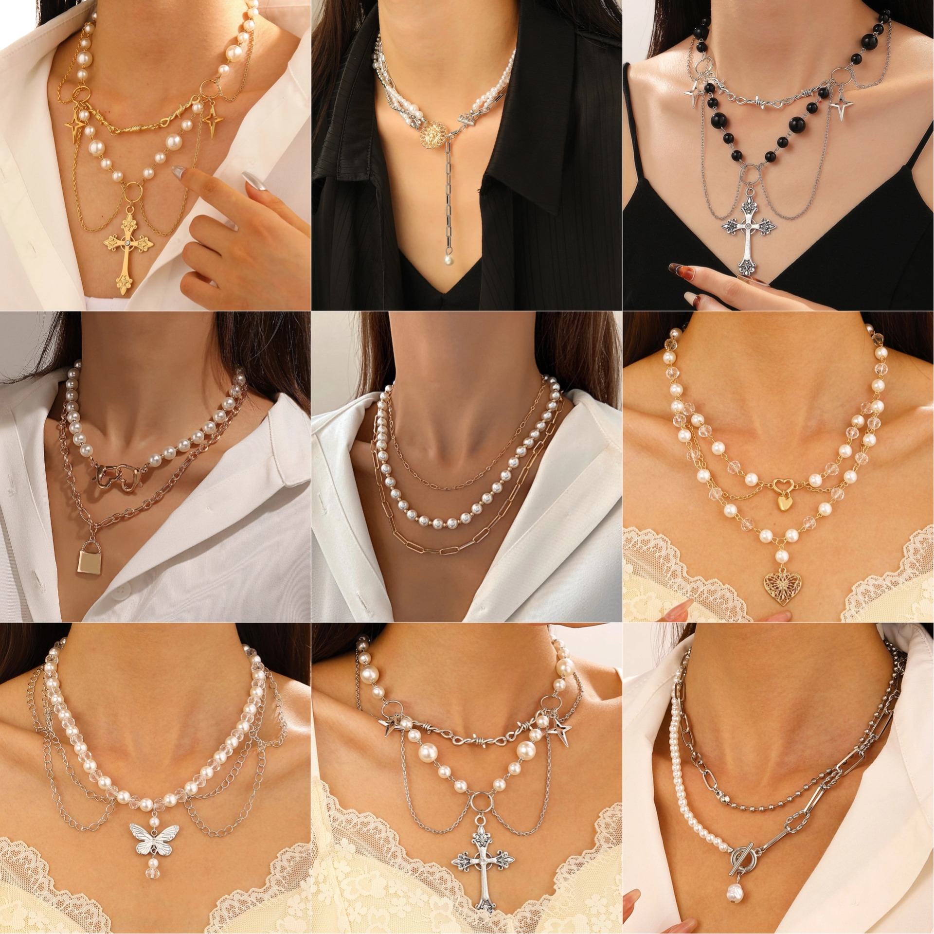 European and American Cross-border Jewelry Punk Metal Cross Star Thorn Imitation Pearl Necklace Sweet Cool Asian Culture Necklace Women