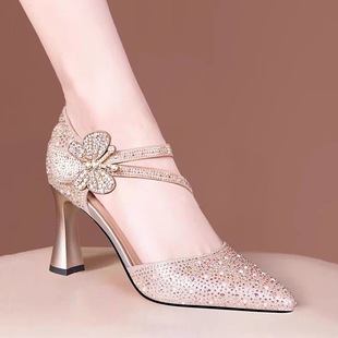 Baotou Sexy Thick Heel Sandals Women's Summer High Heels 2025 New Fashion Butterfly Rhinestone with Cheongsam Bag Heel Shoes
