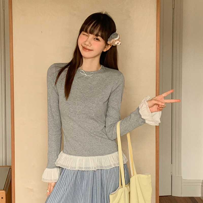 REAL SHOT # 女性用長袖Tシャツ2025新作蝶結びボトムシャツ、裾レーストップ付き、トレンディ|undefined