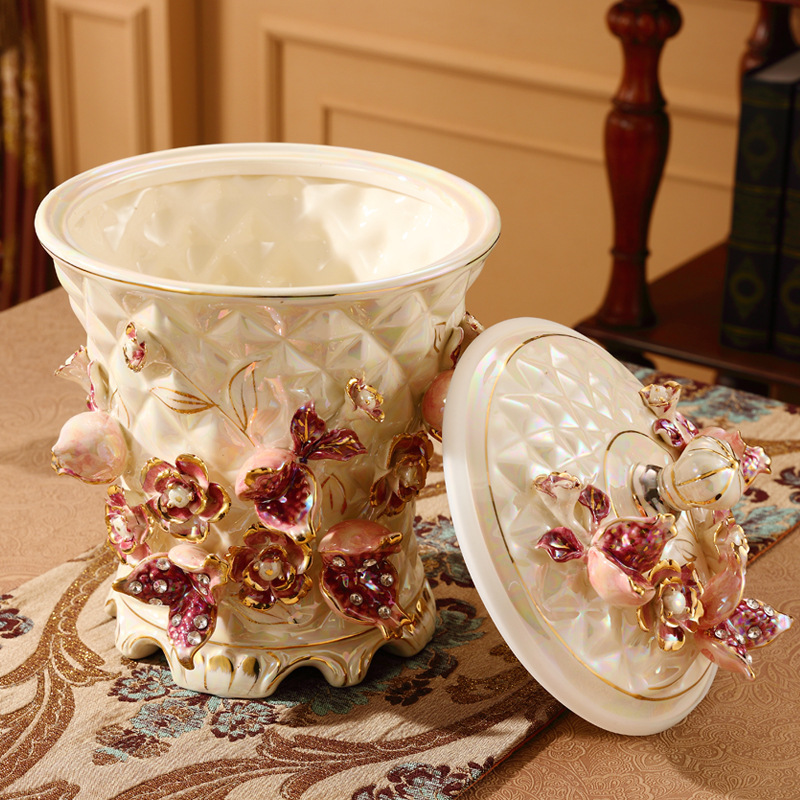 European Ceramic Trash Can Household Large American Retro Living Room Kitchen Bathroom Bedroom Storage Bucket with Lid