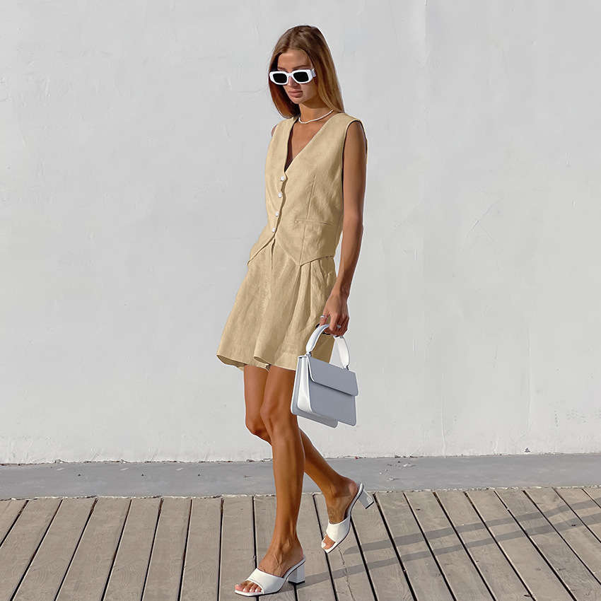 238g Weight Sleeveless Sleeve Length Cotton Fabric Type Pant Co-ord Set Sets Type 2 Pieces Set Quantity Holiday, Daily Occasion V Neck Neckline Regular Fit Fit Type Solid Color Pattern Summer Season Women's Gender Streetwear Style Holiday Daily Women's Streetwear Solid Color Cotton Pant Co-ord Set Shorts Sets 17