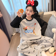 跨境批发儿童卡通纯棉睡衣春秋套装中大女童休闲宽松拼色家居服潮