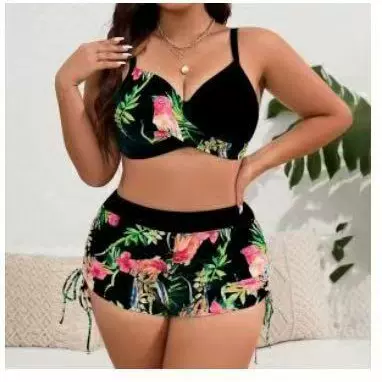 欧美大码加肥泳装亚马逊套装分体泳衣大胸女士比基尼印花新款跨境