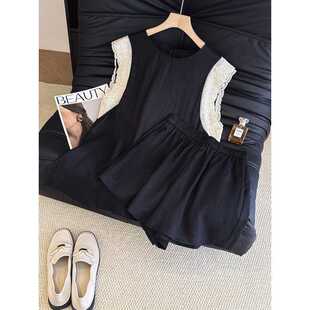 High-End European Goods 2025 Summer New Round Neck Lace Flying Sleeves Linen Vest Shorts Casual Suit for Women