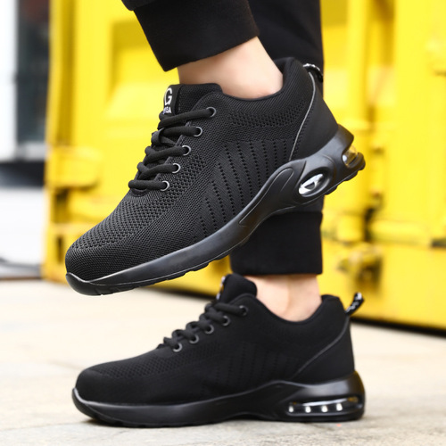 Impact-resistant, anti-puncture, anti-static protective work boots with flyknit breathable, lightweight, comfortable, wear-resistant, shock-absorbing safety footwear.