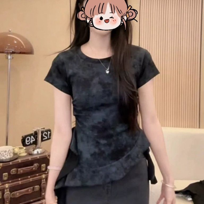 ドーパミン不規則絞り染めリボン半袖フリルTシャツ裾夏新作デザインスリムフィットトップ|undefined