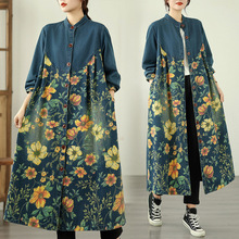 实拍复古圆领拼接印花牛仔外套宽松休闲大版中长款风衣外套