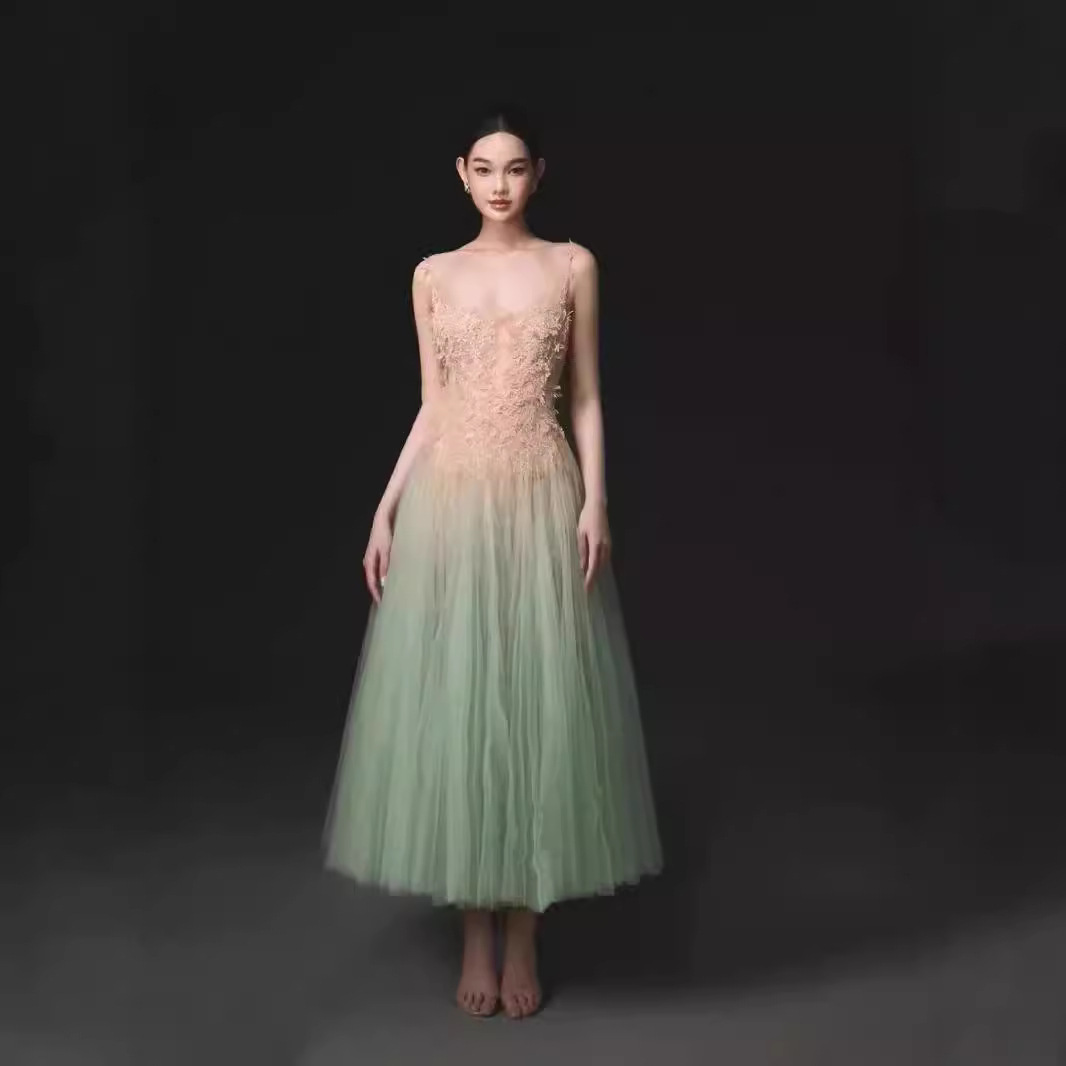 Vietnamese Designer's Same Style Lace Splicing Slow Wave Mint Green Suspender Dress Fairy Elegant Waist Slimming Look Mesh Skirt