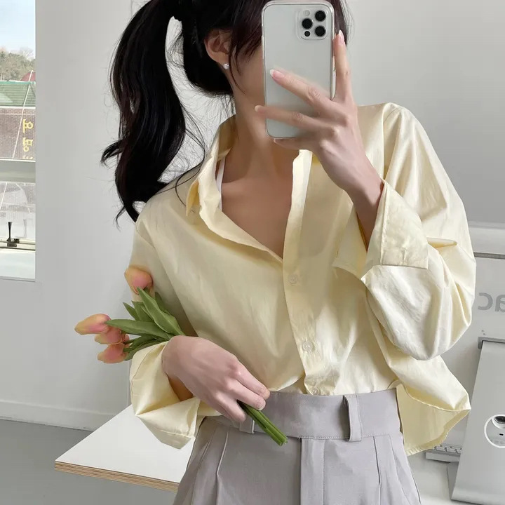 Korean chic Thin White Shirt Women's Spring and Autumn Design Sense Niche Loose Shirt for Petite