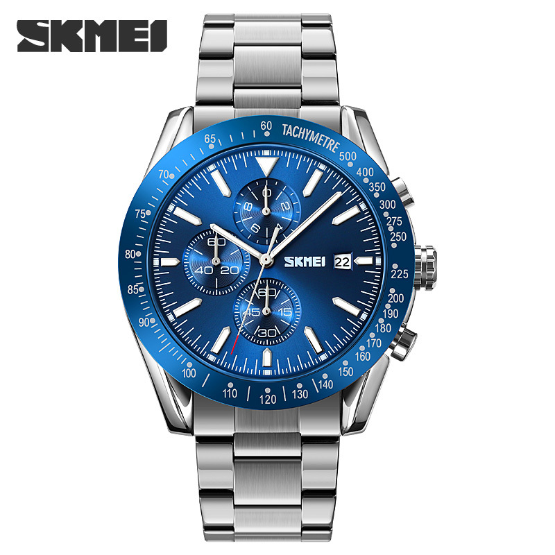 SKMEI 9253 nueva cinta de acero de seis pines calendario luminoso movimiento de cuarzo cronómetro reloj cronógrafo