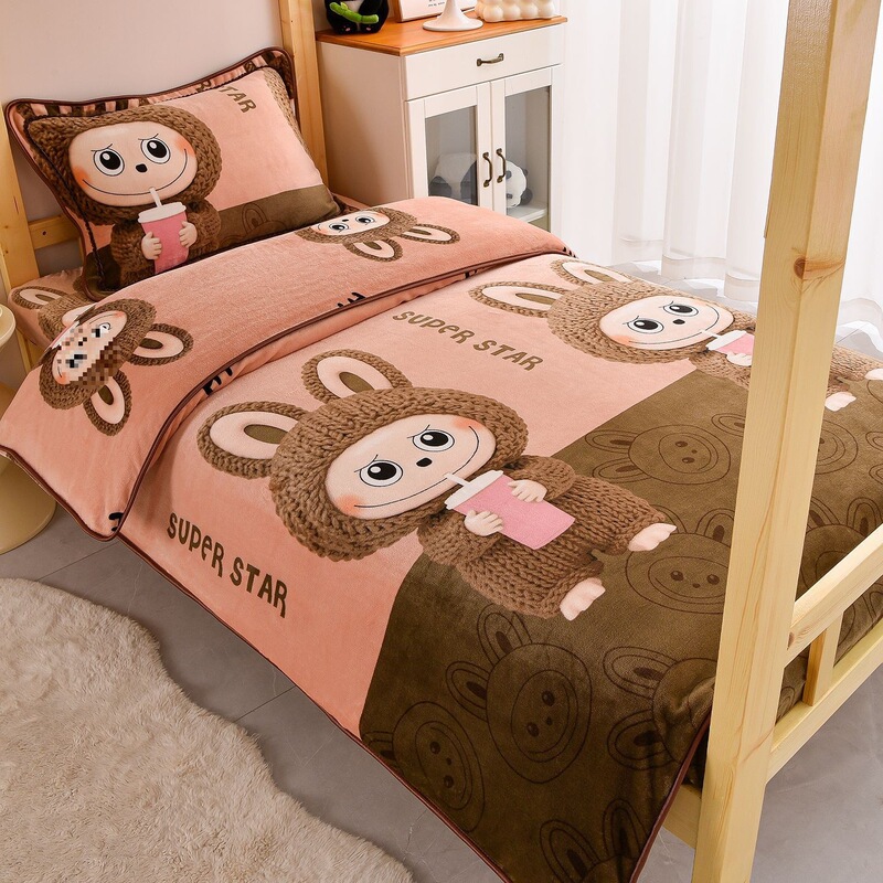 Winter Thickeneded Milk Velvet Three-Piece Set Warm Cartoon Printed Single Quilt Cover Student Dormitory Three-Piece Bedding Set