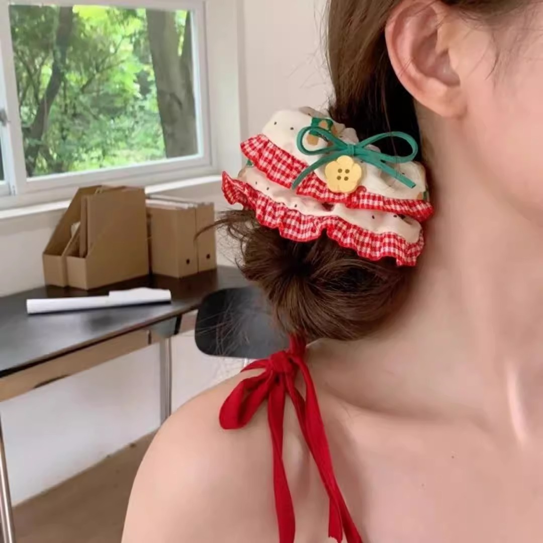 Bonito oso conejo de encaje a cuadrícula anillo de cabello de intestino grande de la niña corazón arco tela cabello correa cuerda de cabeza