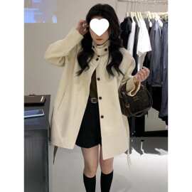 韩系甜美减龄粉色毛呢外套女秋冬新款大码胖温柔风开衫上衣