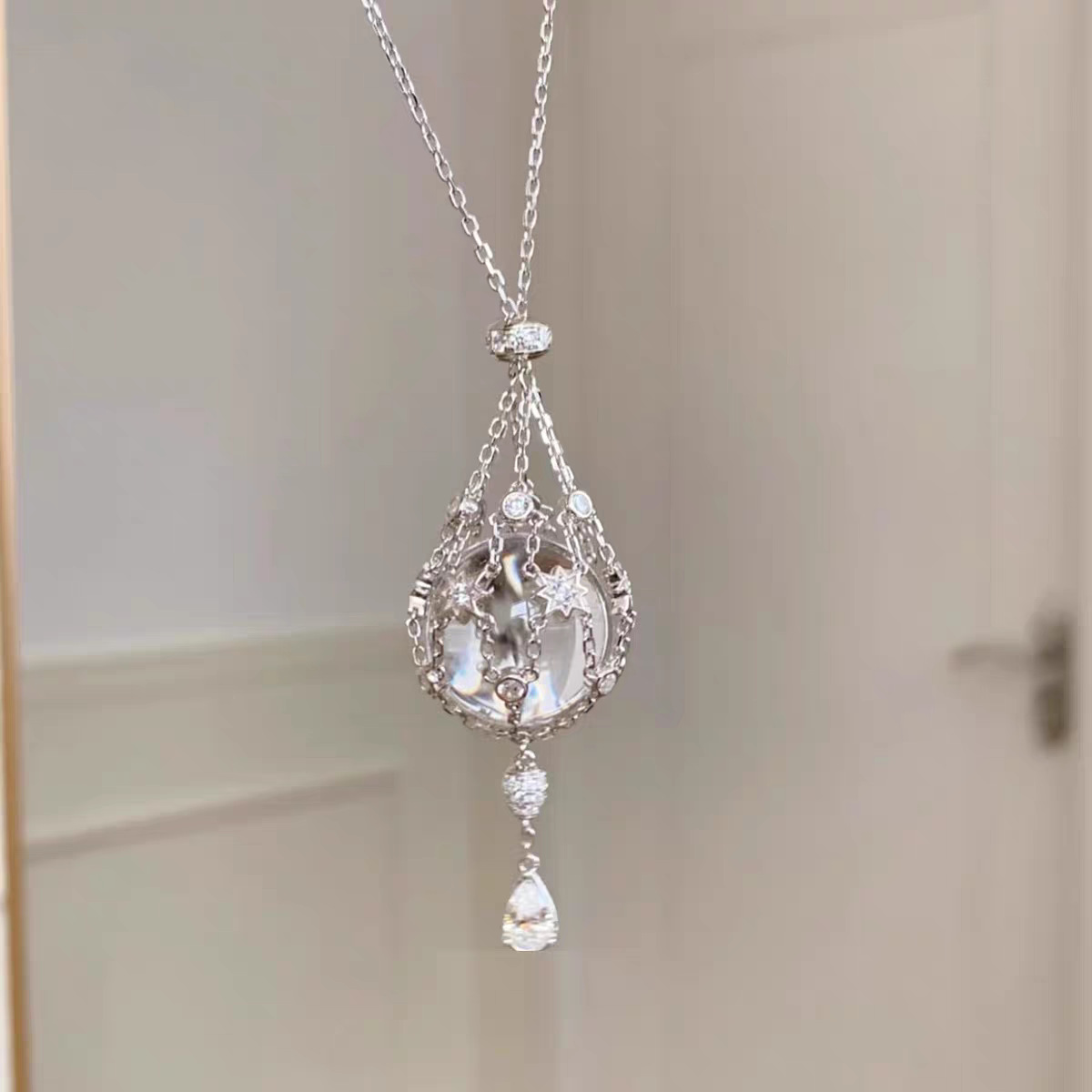 실버 물방울 메쉬 크리스탈 목걸이-16mm