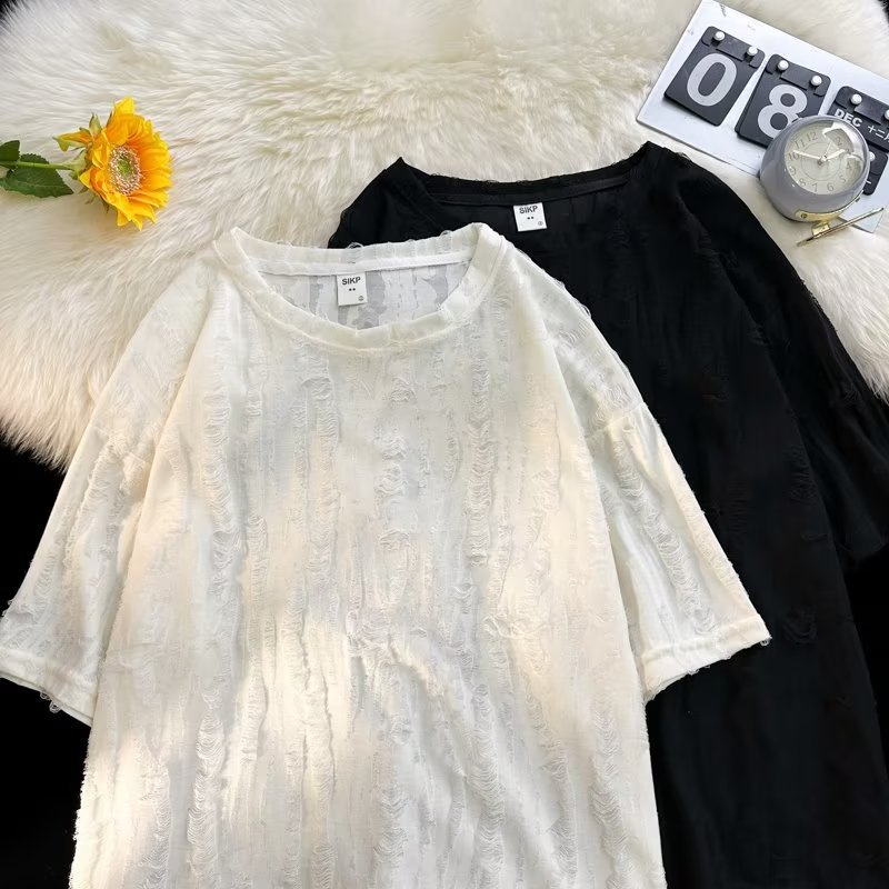 Herr t-shirt med revor och sliten look trendig lös passform_voghion.com