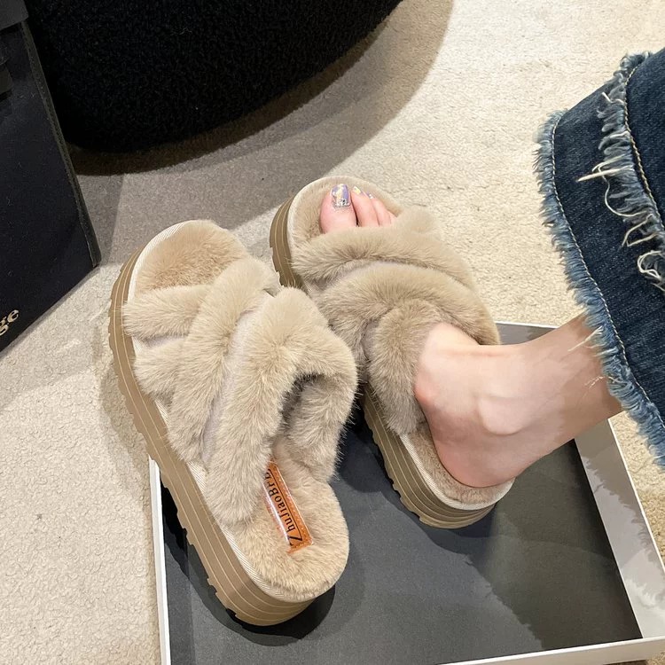 Pelzige Hausschuhe für Damenoberbekleidung im Herbst 2023, Baumwollhausschuhe mit offener Spitze_voghion.com