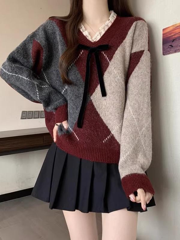 酒红色菱格毛衣女2025新款蕾丝V领针织衫慵懒风复古秋冬上衣潮|undefined