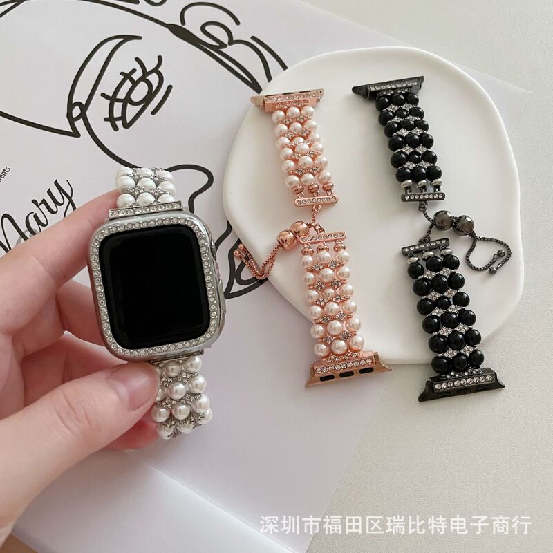 for apple watch s89 generation pearl strap iwatch76se543 retractable wristband jewelry diamond chain women