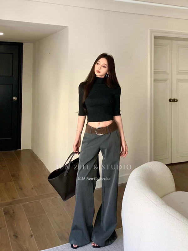 女装秋高级感直筒阔腿西装长裤女修身显瘦针织上衣时尚套装两件套|undefined