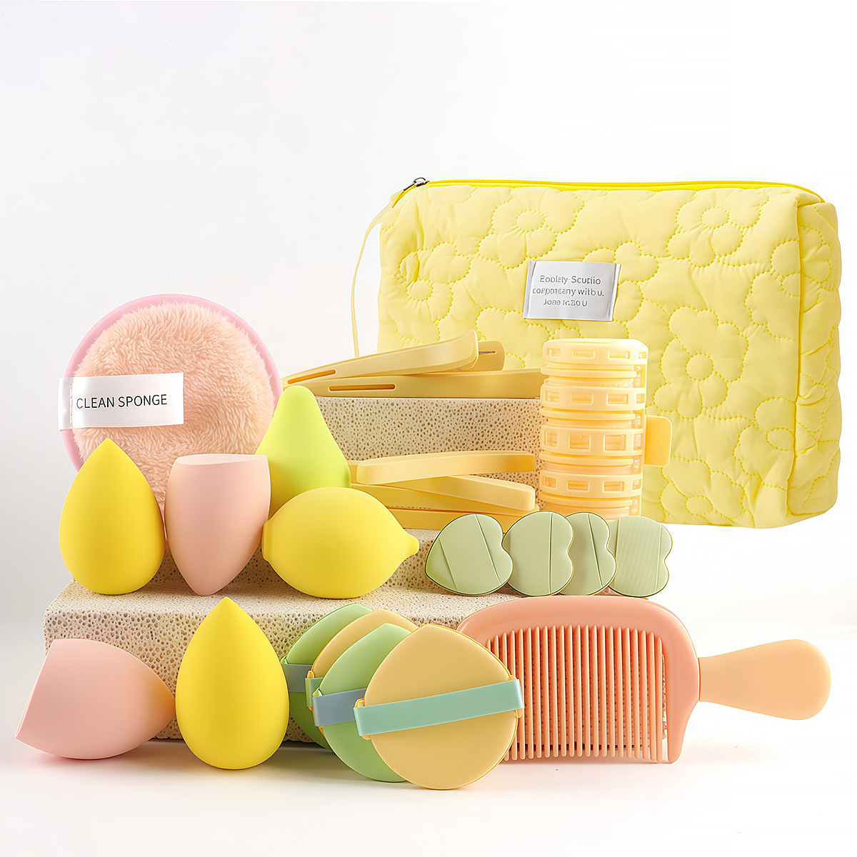 24 herramientas de belleza lindas amarillas con bolsas, rizos de hojaldre, maquillaje antes y después del maquillaje, combinación esencial para el cabello transfronterizo