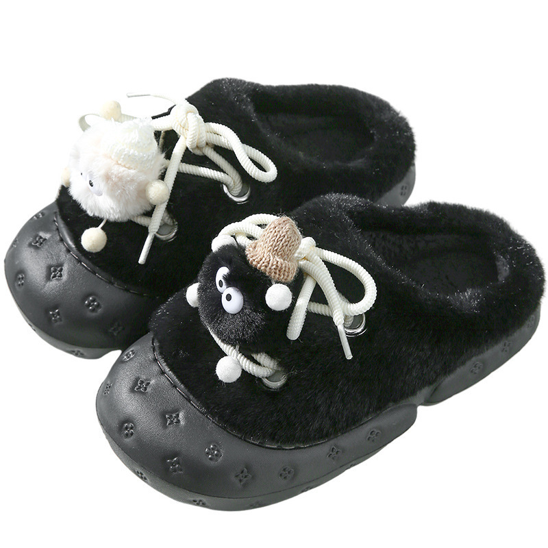 Net red little wool ball cotton slippers female autumn and winter thick bottom home cute hair slippers students cartoon outside wear warm cotton drag