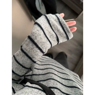 复古别致撞色条纹针织长袖女2026春季加厚磨毛宽松休闲打底衫上衣
