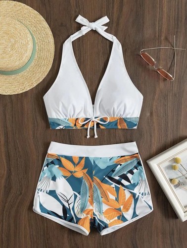European and American style women's split-piece high-waisted square-cut tie bikini solid color printed swimsuit