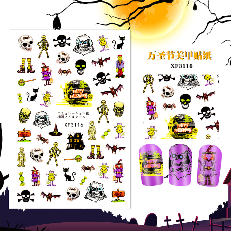 Transfronterizo especial de Halloween pegatinas de uñas traje de calabaza cráneo Transferencia de impresión pegatinas de uñas con adhesivo 12 piezas un conjunto