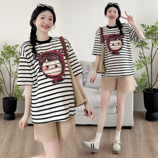 2025 Spring and Summer New Maternity Wear Loose Large Size Casual Jacquard Stripesd T-Shirt Fashionable Mom