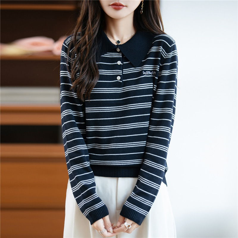 Autumn and Winter New Women's Knitwear Worsted Wool Polo Collar Knitwear Embroidered Letters Color-Blocked Stripesd Women's Bottoming Shirt