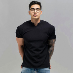 夏の新型の大きいサイズのtシャツの重ポンドの高級感の筋理は袖口を収めて大きくしわの速乾のフィットネスの運動の短シャツを現します。