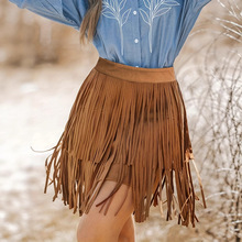 速卖通新款时尚女式纯色高腰双层流苏休闲短裙