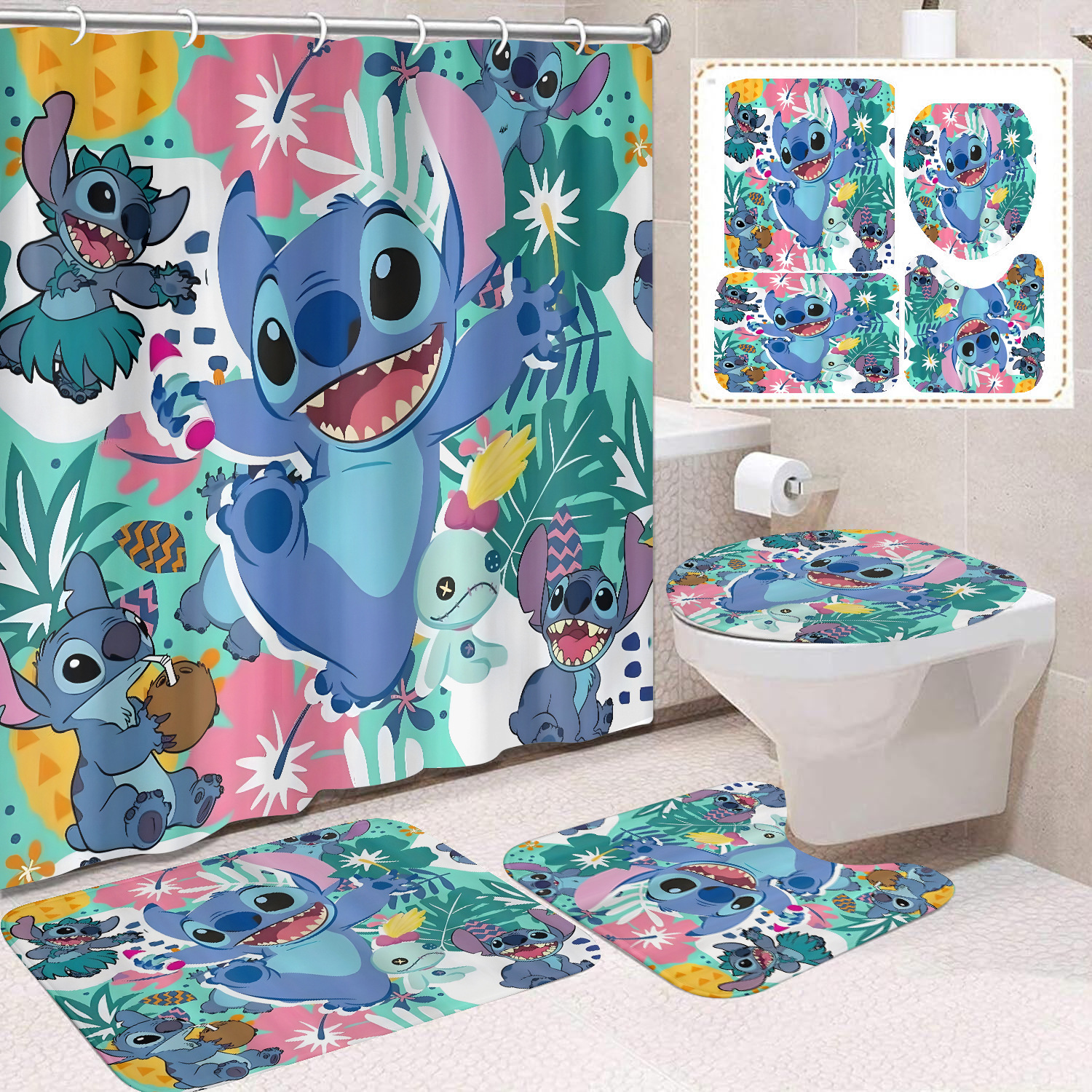 Venta directa de fábrica lindo baño de dibujos animados de cuatro piezas cortina de ducha impermeable cortina de ducha sin perforación cortina de partición de baño de baño